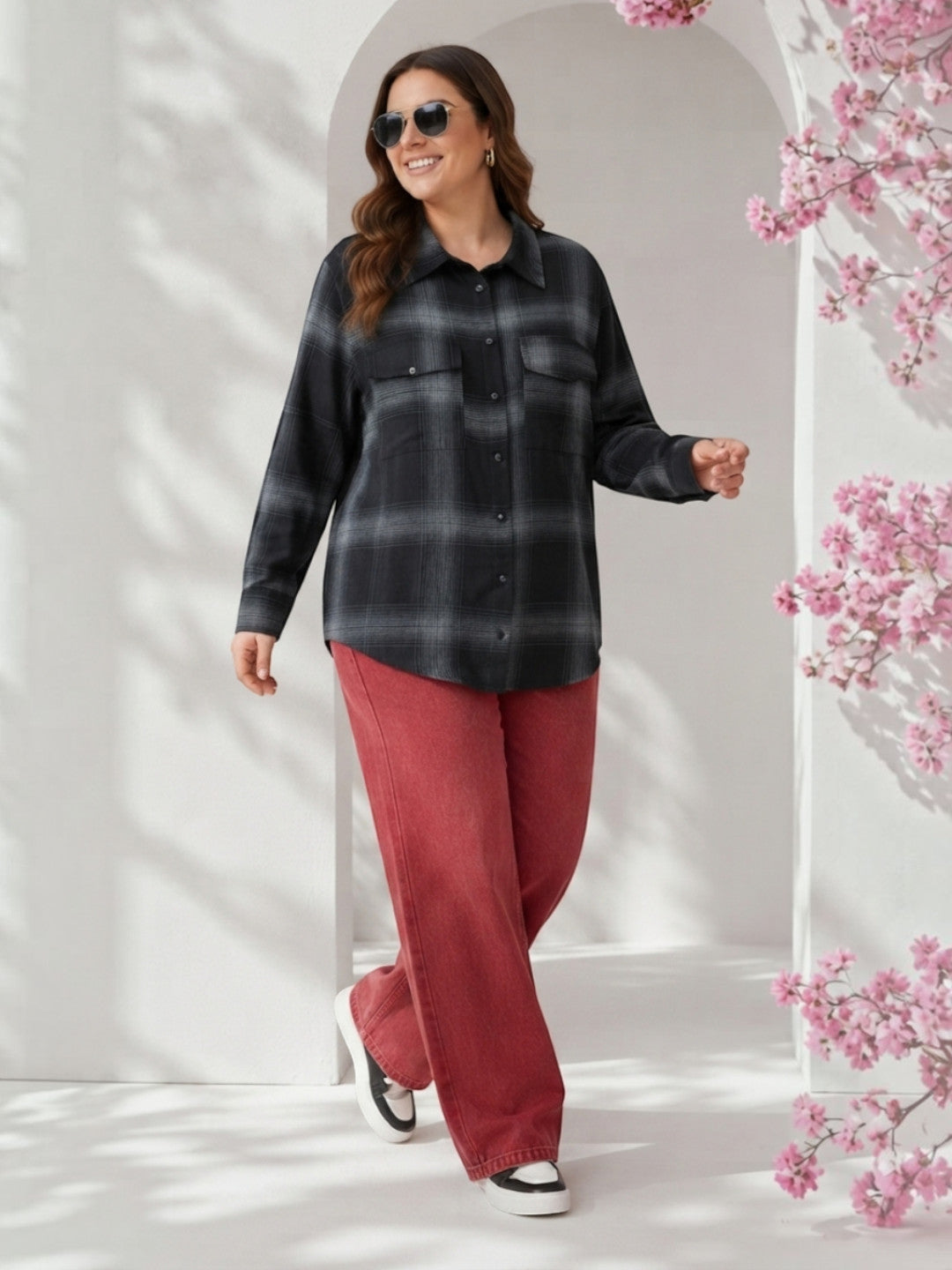 Women Plus Size Black Check Viscose Shirt Oxolloxo