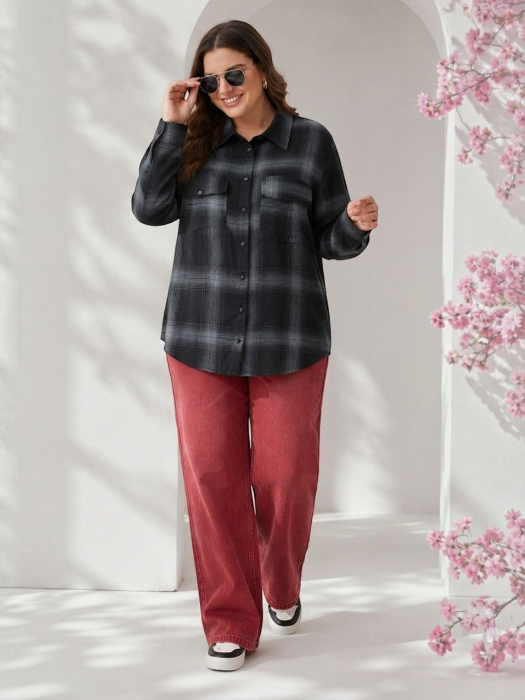 Women Plus Size Black Check Viscose Shirt Oxolloxo