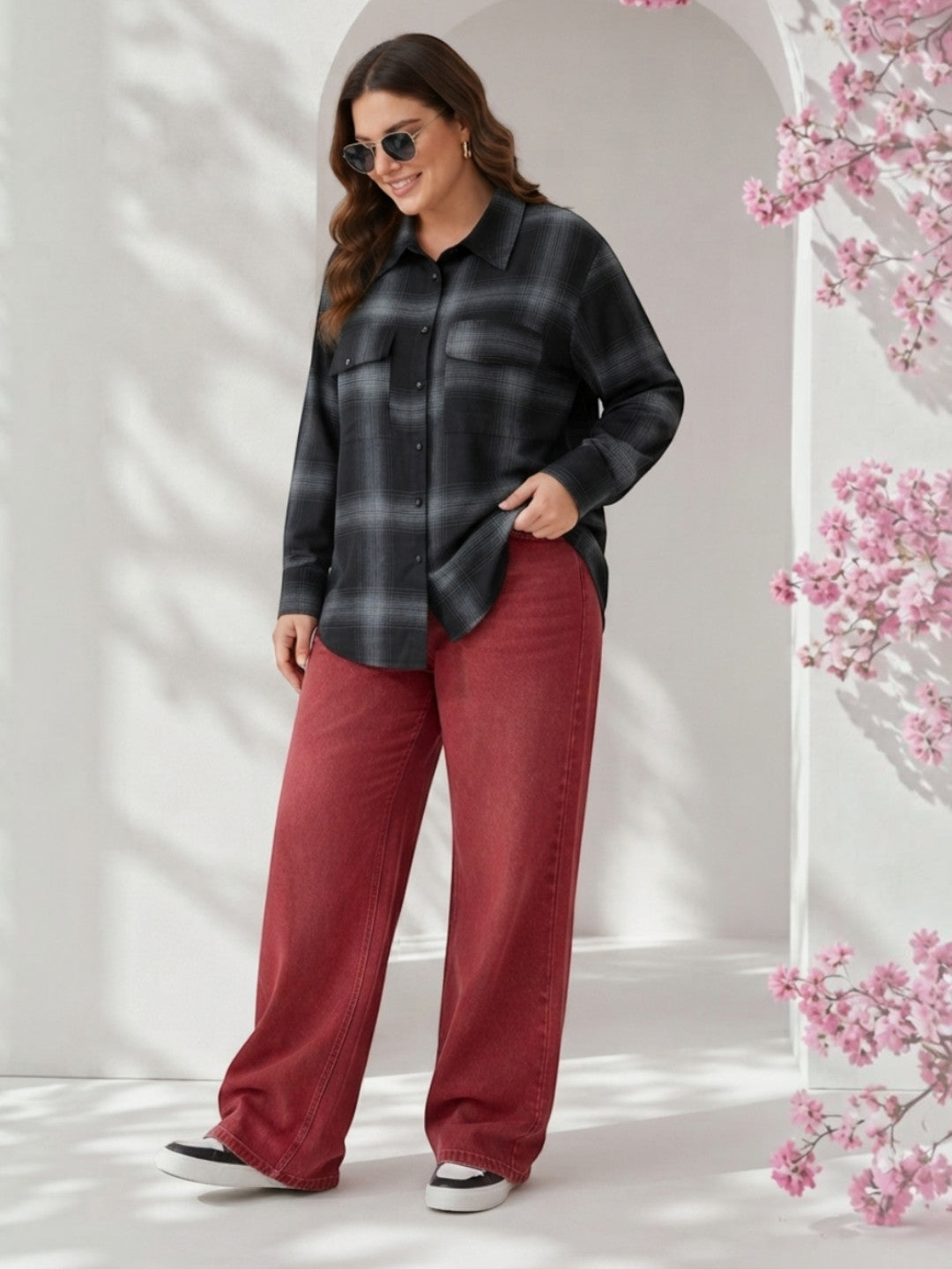 Women Plus Size Black Check Viscose Shirt Oxolloxo