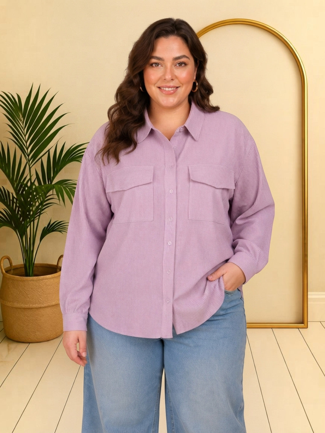 Women Plus Size Pink Cotton Shirt Oxolloxo