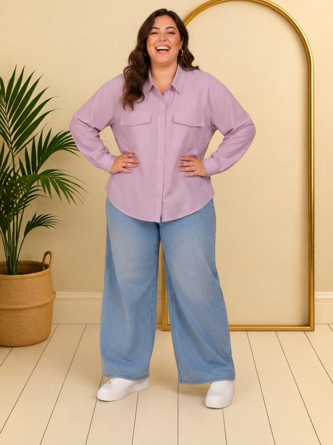 Women Plus Size Pink Cotton Shirt Oxolloxo