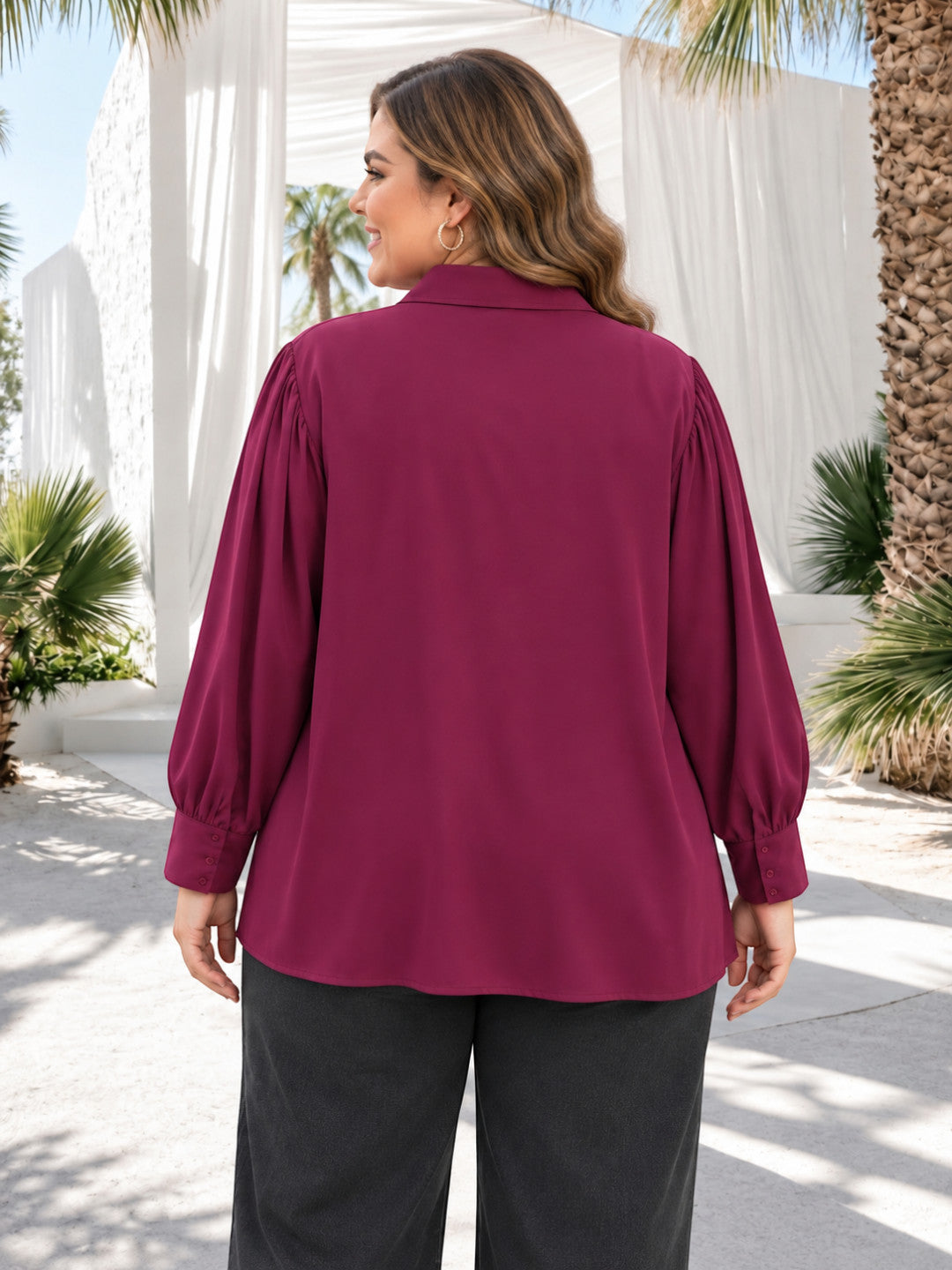 Women Plus Size Maroon Solid Collared Long Sleeve Shirt