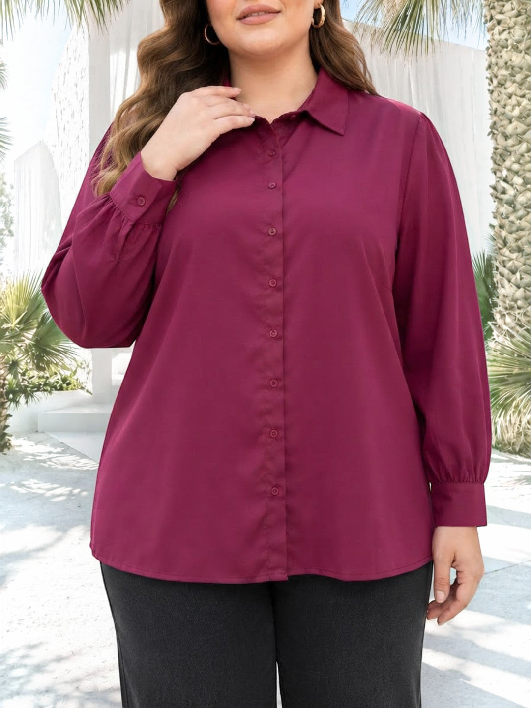 Women Plus Size Maroon Solid Collared Long Sleeve Shirt