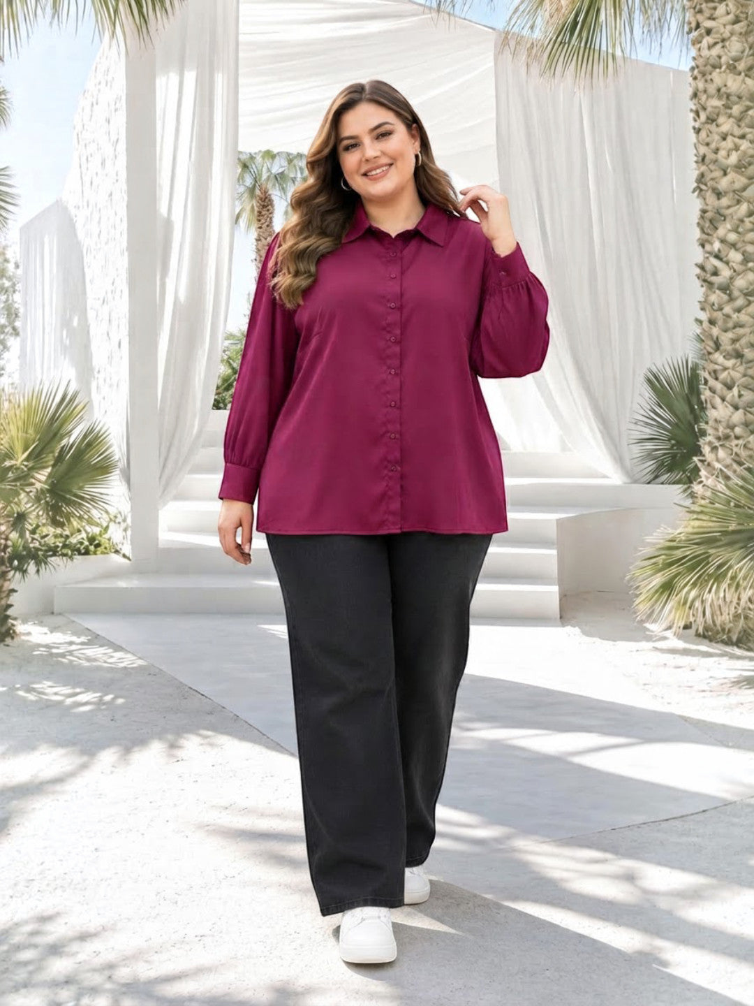 Women Plus Size Maroon Solid Collared Long Sleeve Shirt