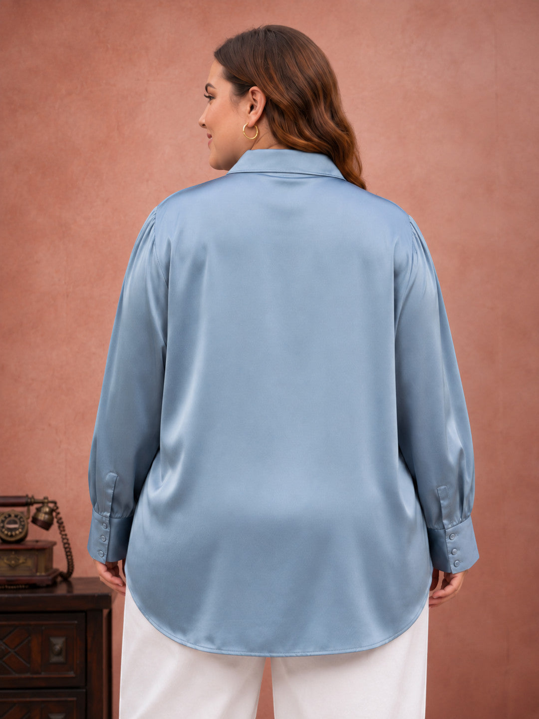 Women Plus Size Grey Solid Collared Long Sleeve Shirt