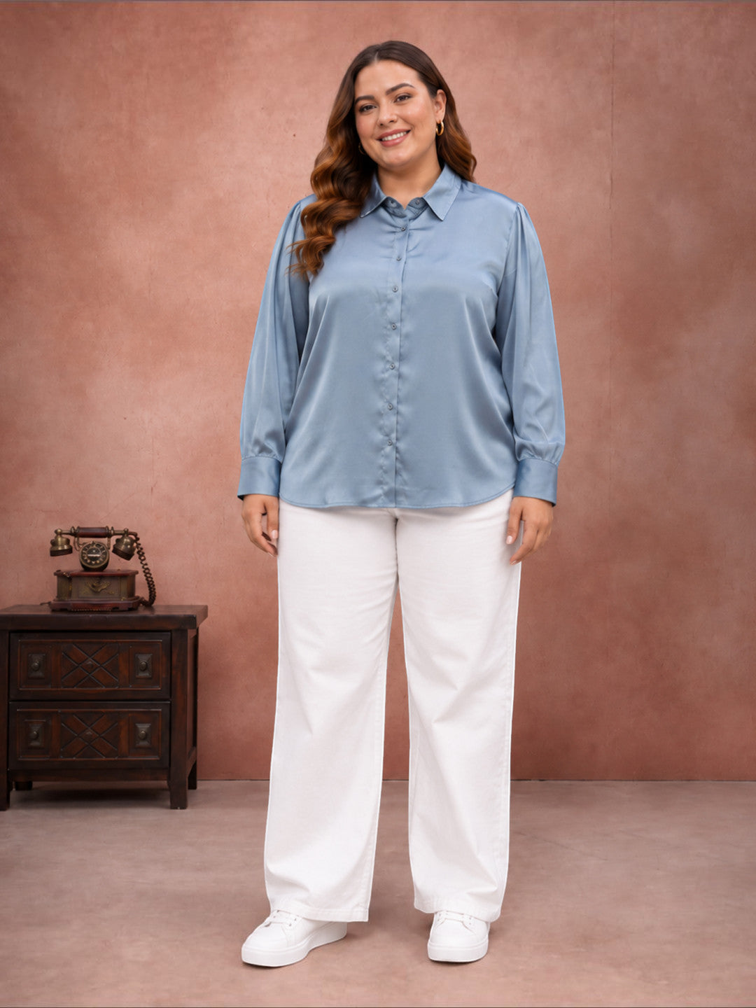 Women Plus Size Grey Solid Collared Long Sleeve Shirt