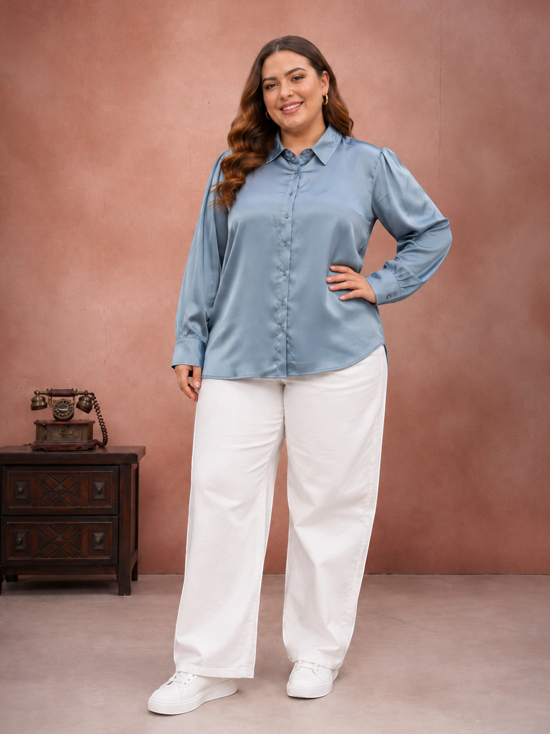 Women Plus Size Grey Solid Collared Long Sleeve Shirt