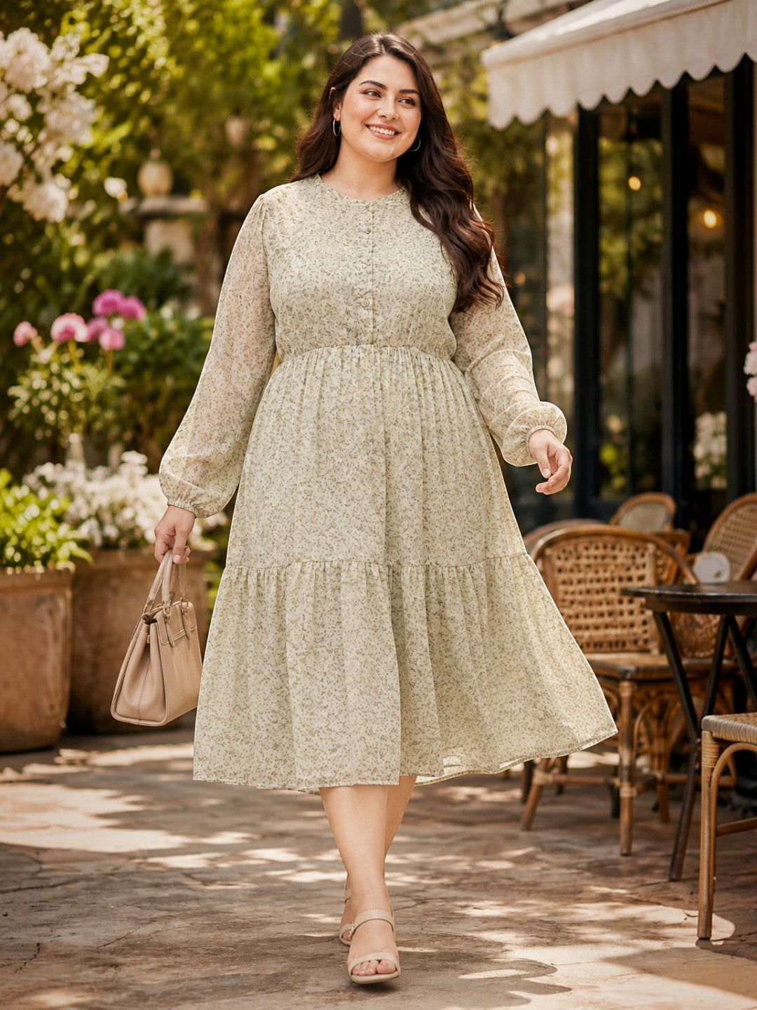 Women plus size light yellow floral print round neck long sleeve midi dress - front view