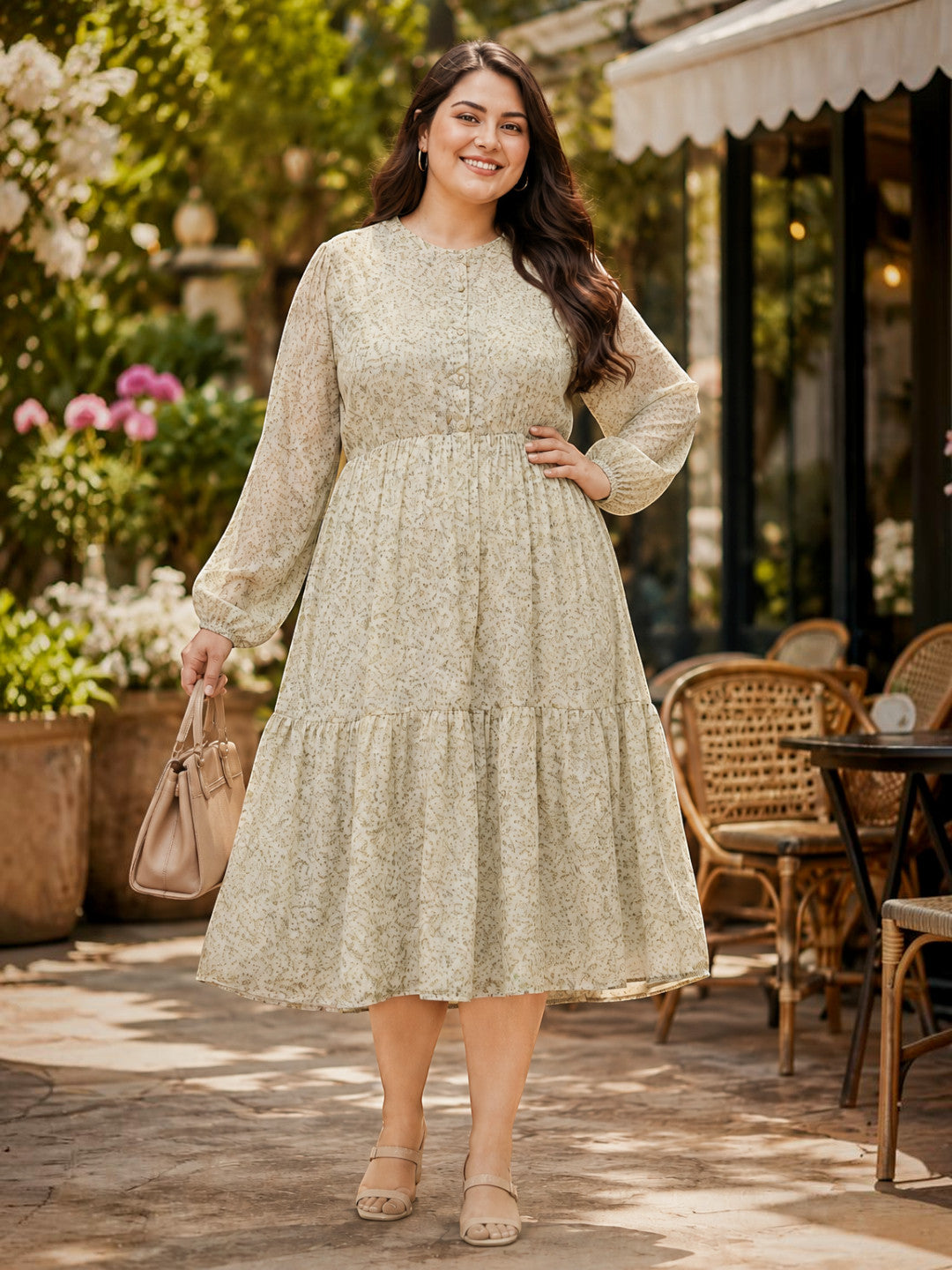 Elasticated under-bust detail on plus size floral dress