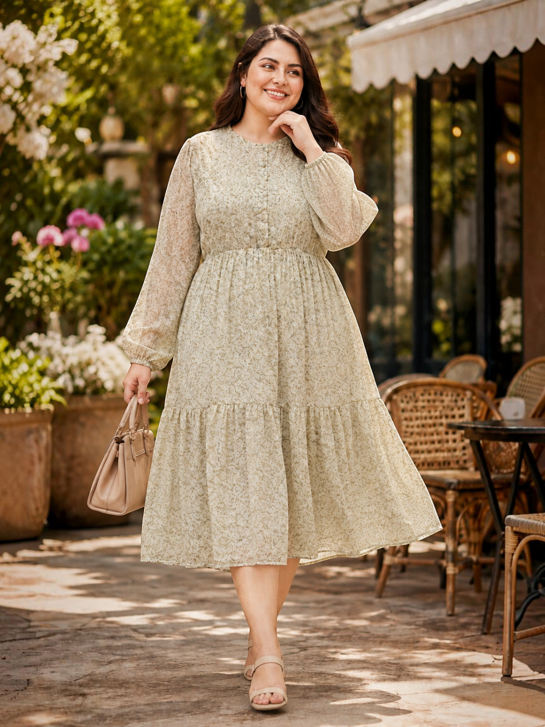 Oxolloxo plus size light yellow floral midi dress styled look