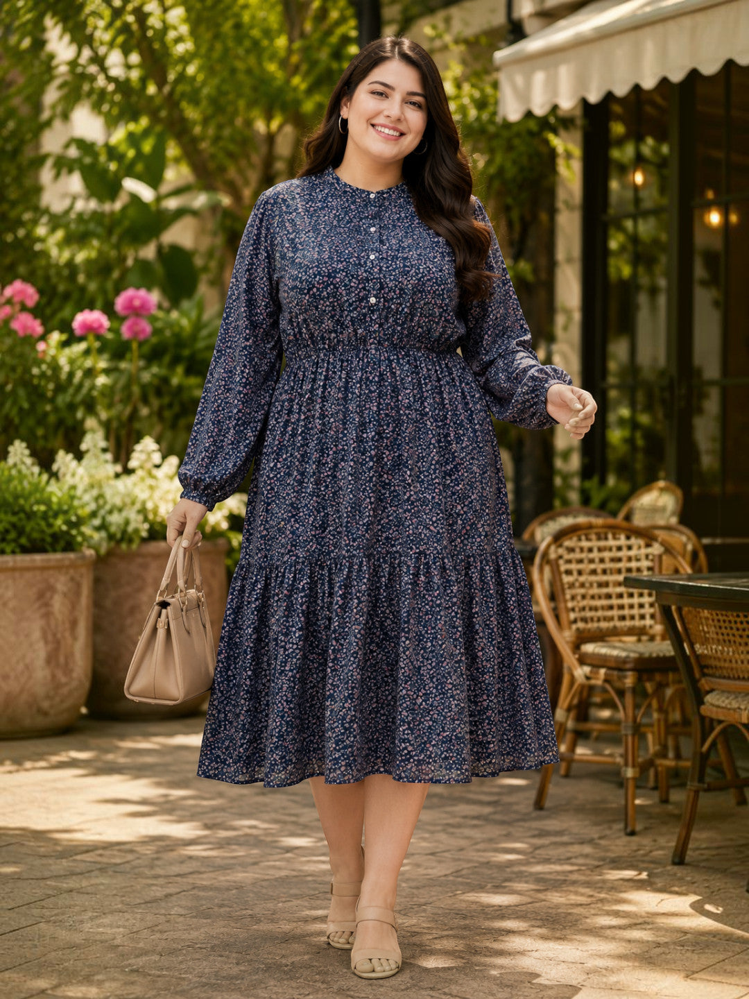 Women plus size navy blue floral print round neck long sleeve midi dress - front view
