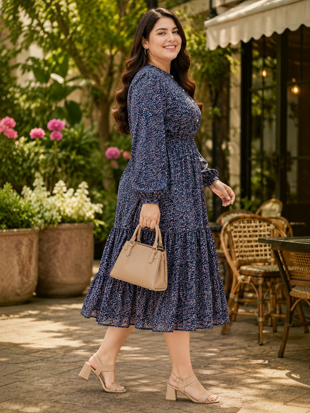 Plus size navy floral midi dress with button placket