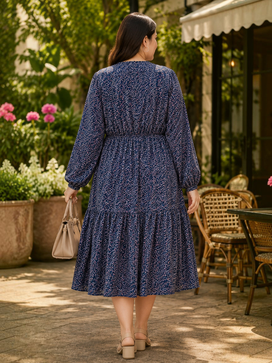 Plus size navy blue floral dress - side view
