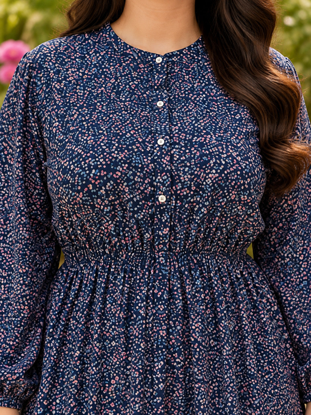 Plus size navy floral long sleeve dress - back view