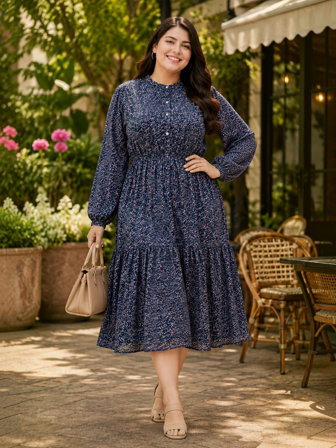 Elasticated under-bust detail on plus size navy floral dress