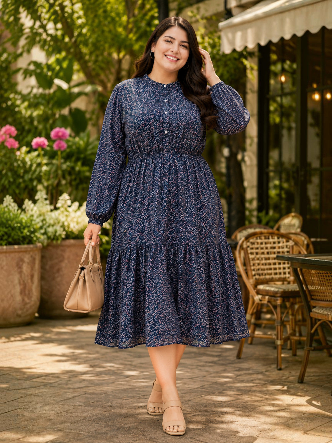 Close-up of navy blue floral print fabric