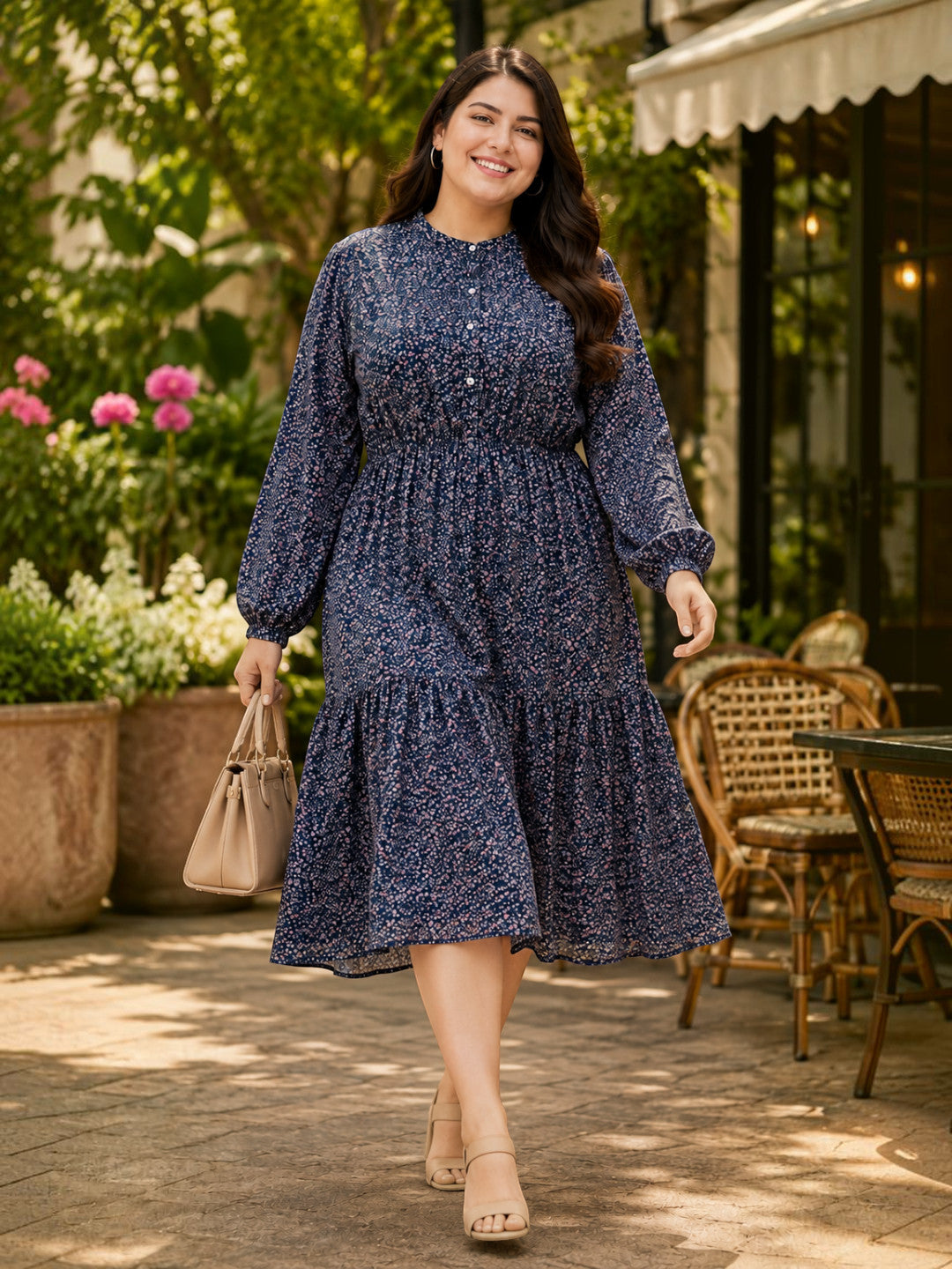 Oxolloxo plus size navy blue floral midi dress styled look