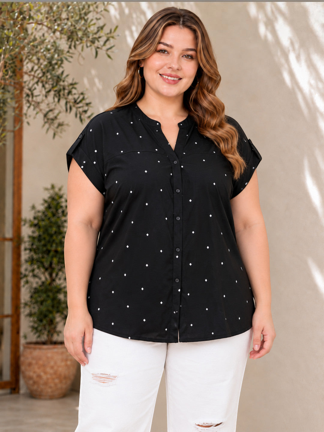 Women plus size black polka dot boxy V-neck short sleeve viscose shirt - front view
