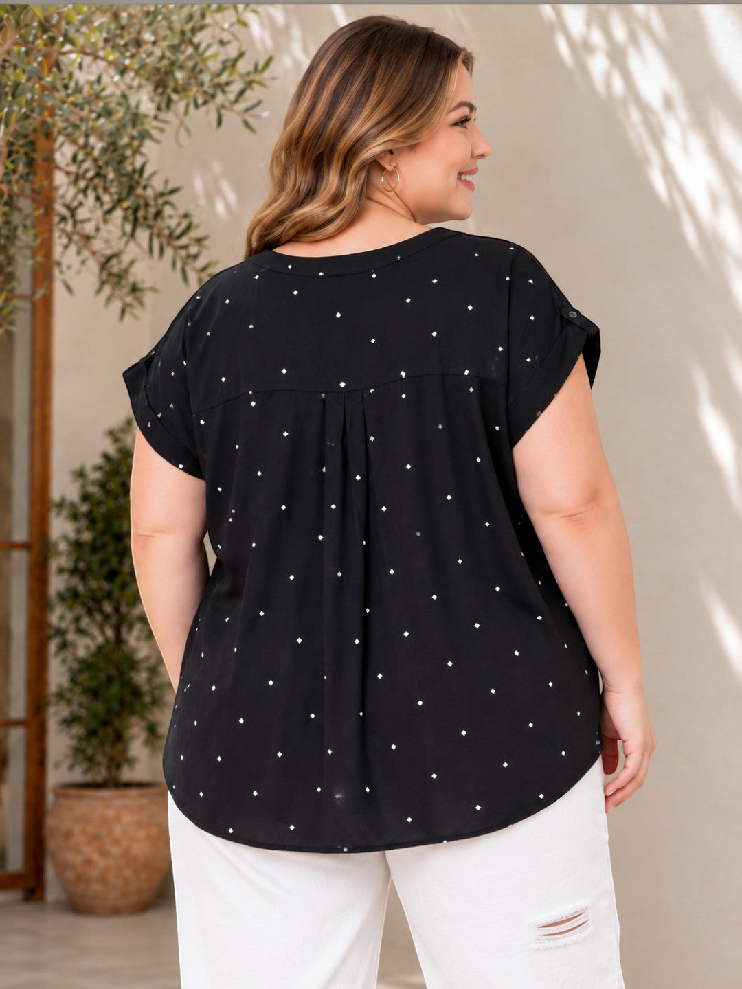 Plus size black polka dot boxy shirt - side view