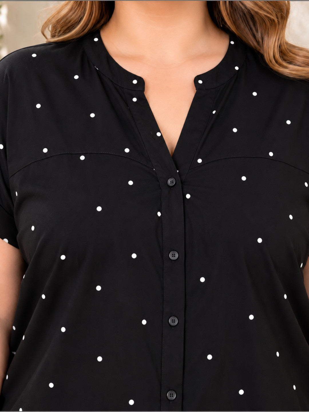 Plus size black polka dot viscose shirt - back view