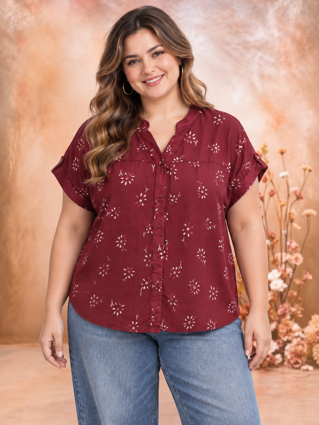 Women plus size maroon paisley print boxy V-neck short sleeve satin shirt - front view