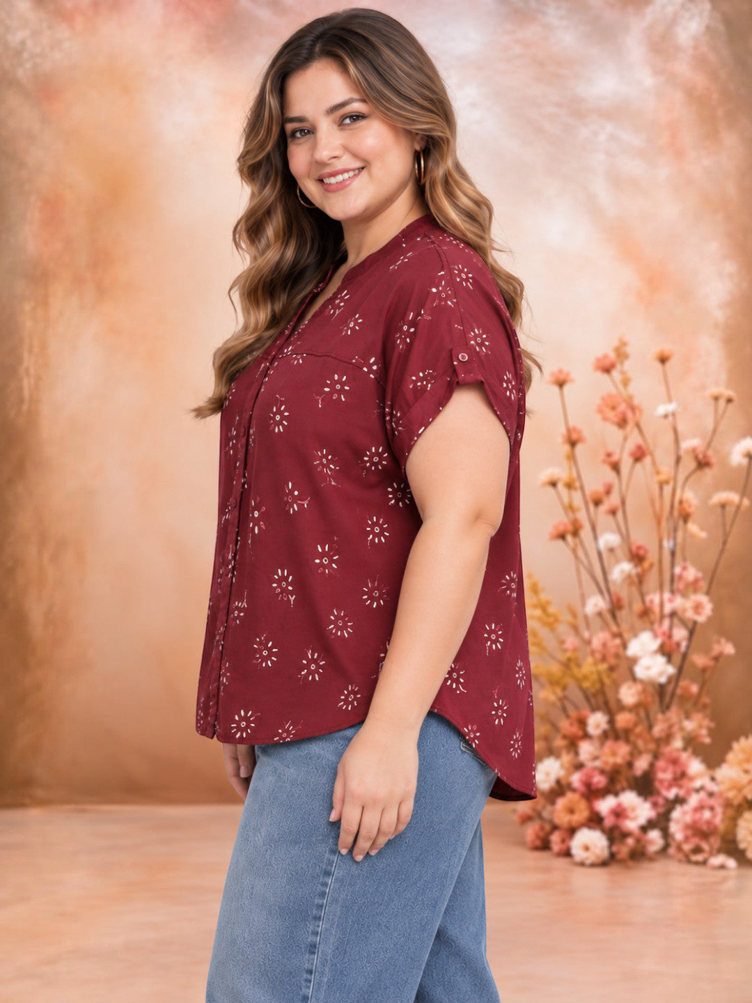 Plus size maroon paisley satin shirt with button placket