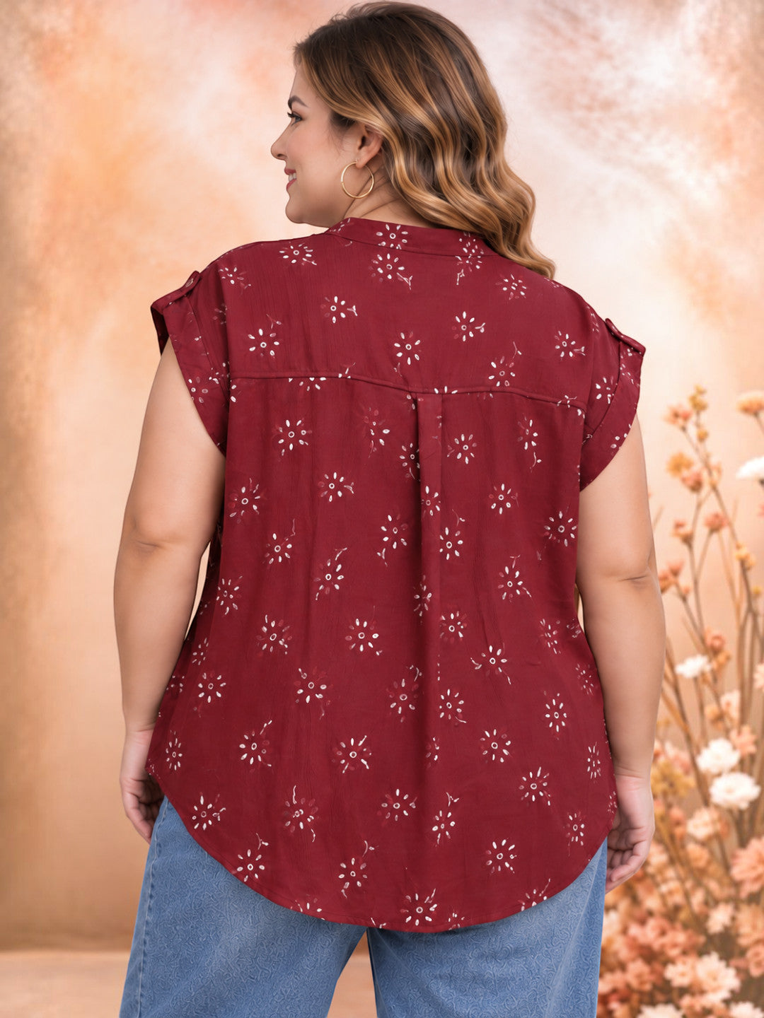 Plus size maroon paisley boxy shirt - side view