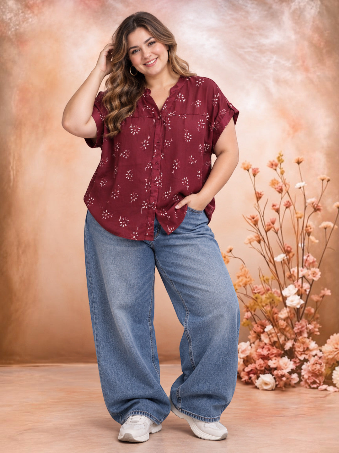 V-neckline detail on plus size maroon paisley shirt