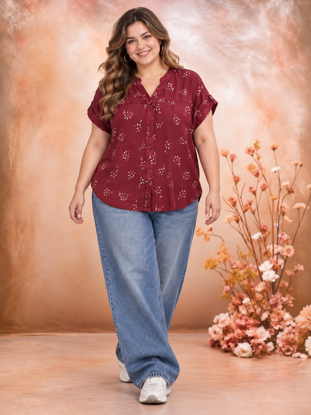 Oxolloxo plus size maroon paisley satin shirt styled look