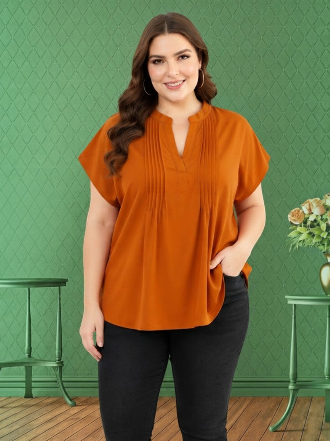 Women Plus Size Rust Viscose Top Oxolloxo