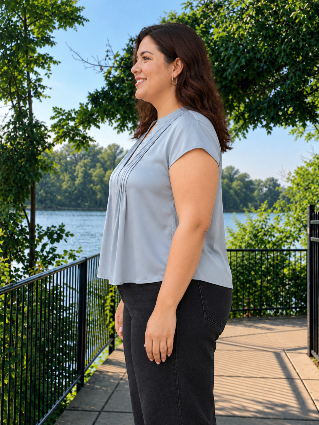 Women Plus Size Grey V-Neck Short Sleeve Pleat Detail Poly Satin Top