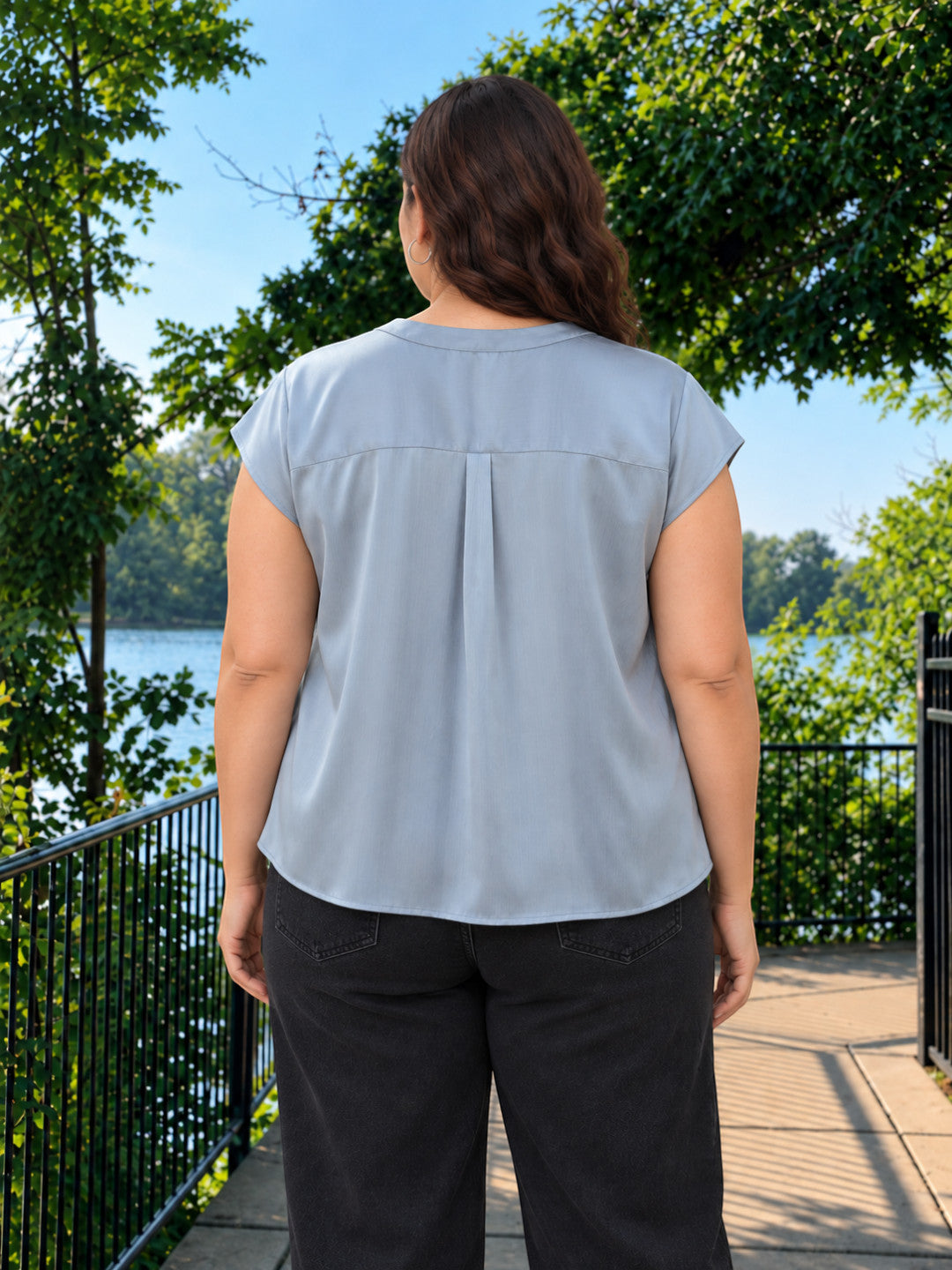 Women Plus Size Grey V-Neck Short Sleeve Pleat Detail Poly Satin Top