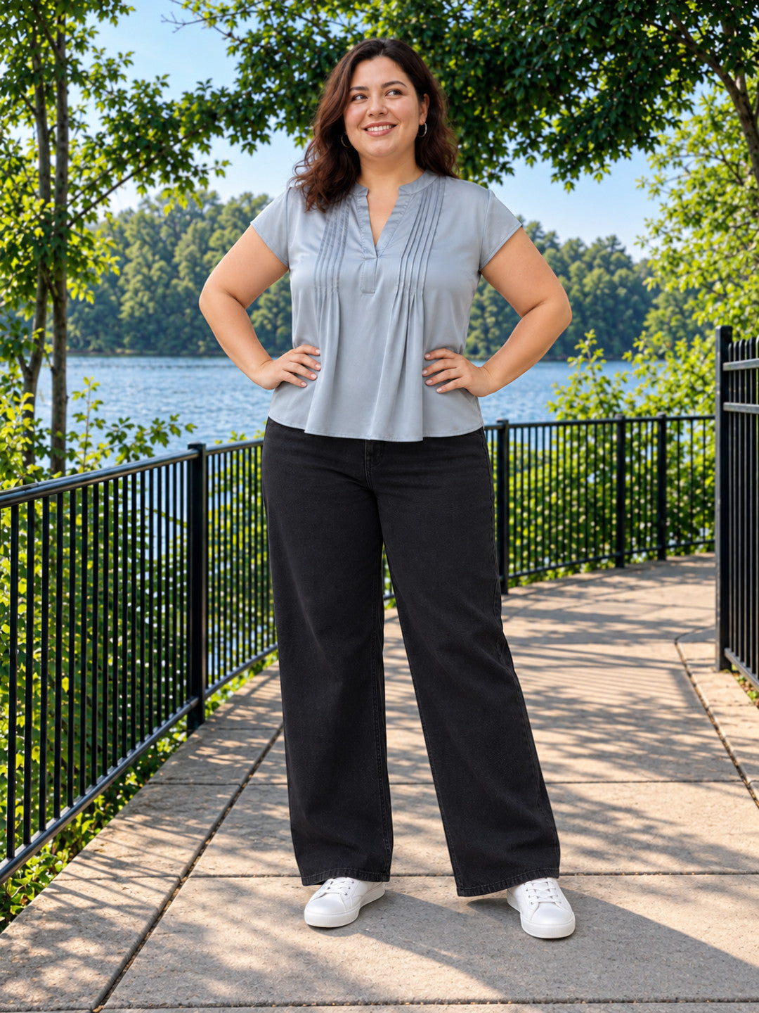 Women Plus Size Grey V-Neck Short Sleeve Pleat Detail Poly Satin Top