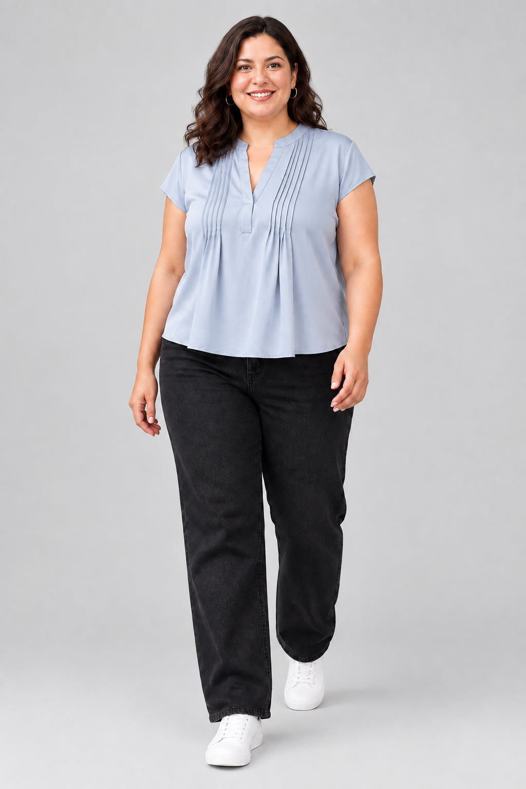 Women Plus Size Grey V-Neck Short Sleeve Pleat Detail Poly Satin Top
