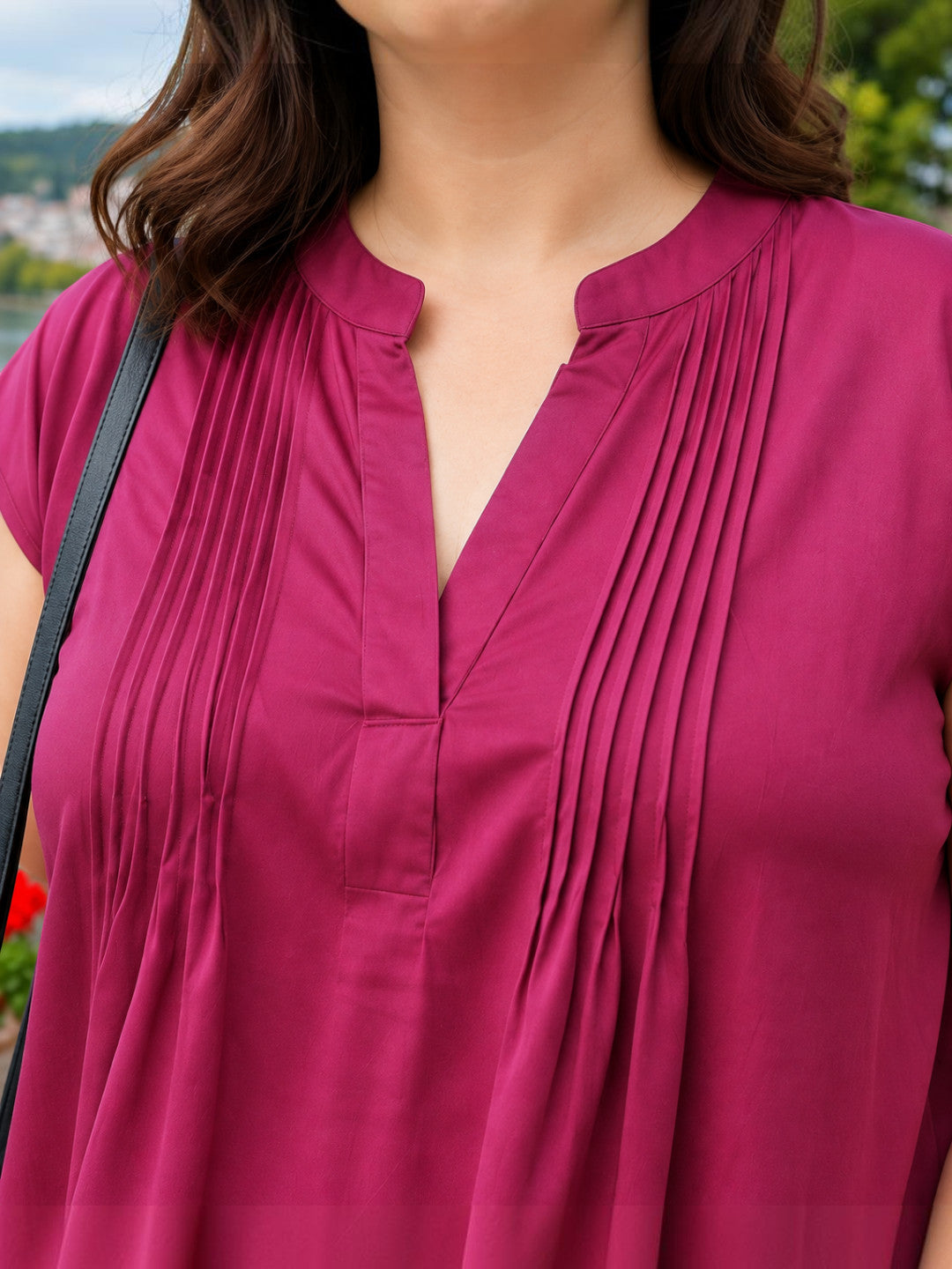 Women Plus Size Maroon V-Neck Short Sleeve Pleat Detail Poly Satin Top