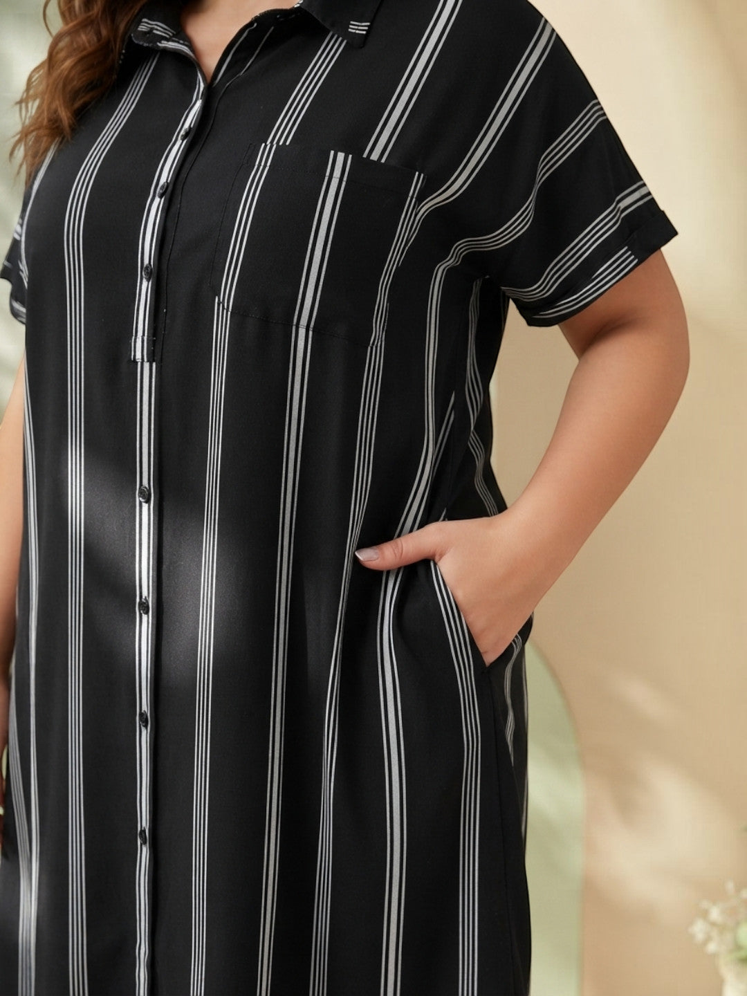 Women Plus Size Black Stripes Viscose Dress Oxolloxo