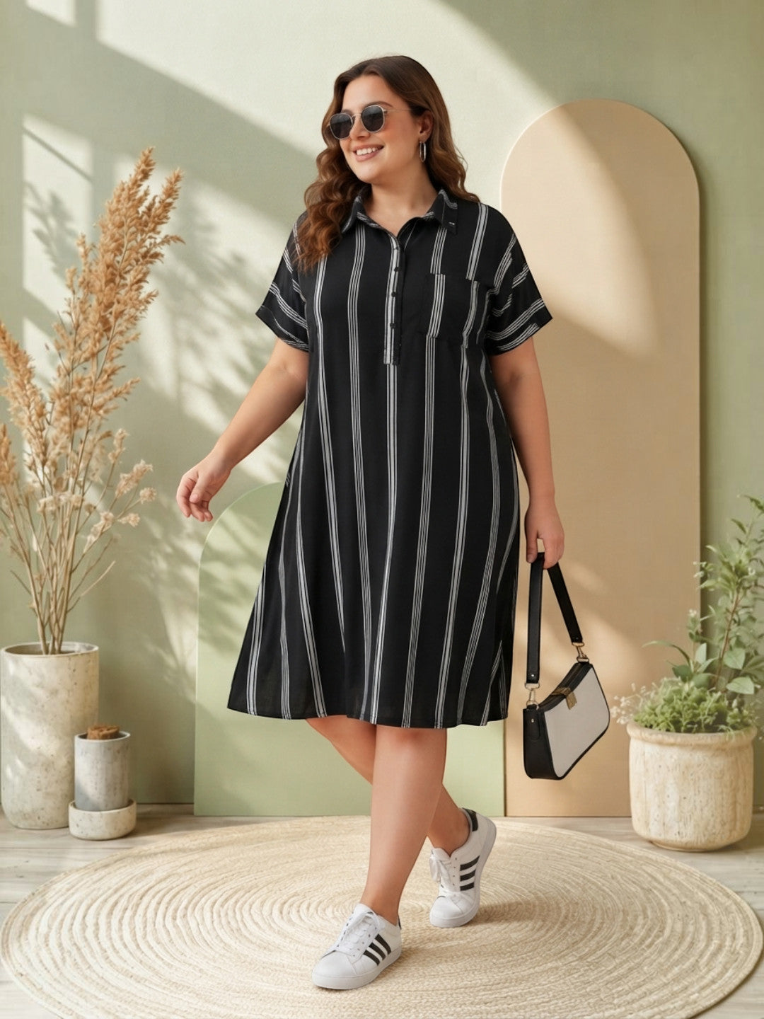 Women Plus Size Black Stripes Viscose Dress Oxolloxo