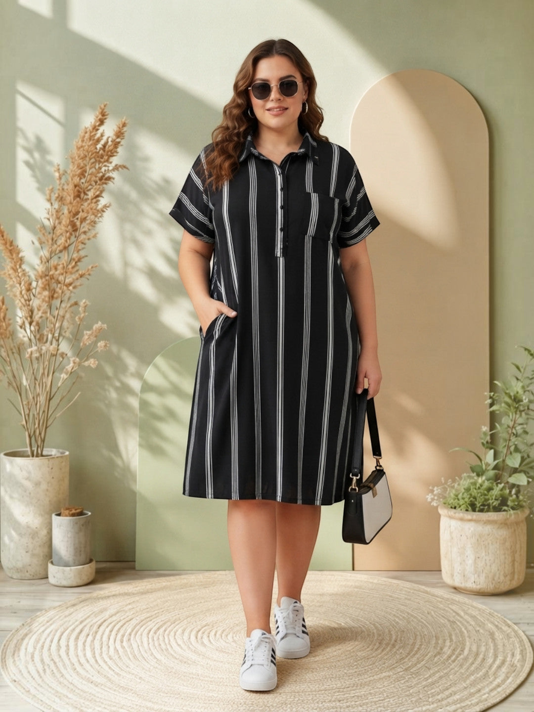 Women Plus Size Black Stripes Viscose Dress Oxolloxo