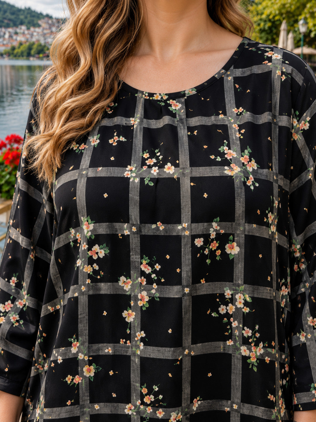 Plus size navy floral top and pant set - back view
