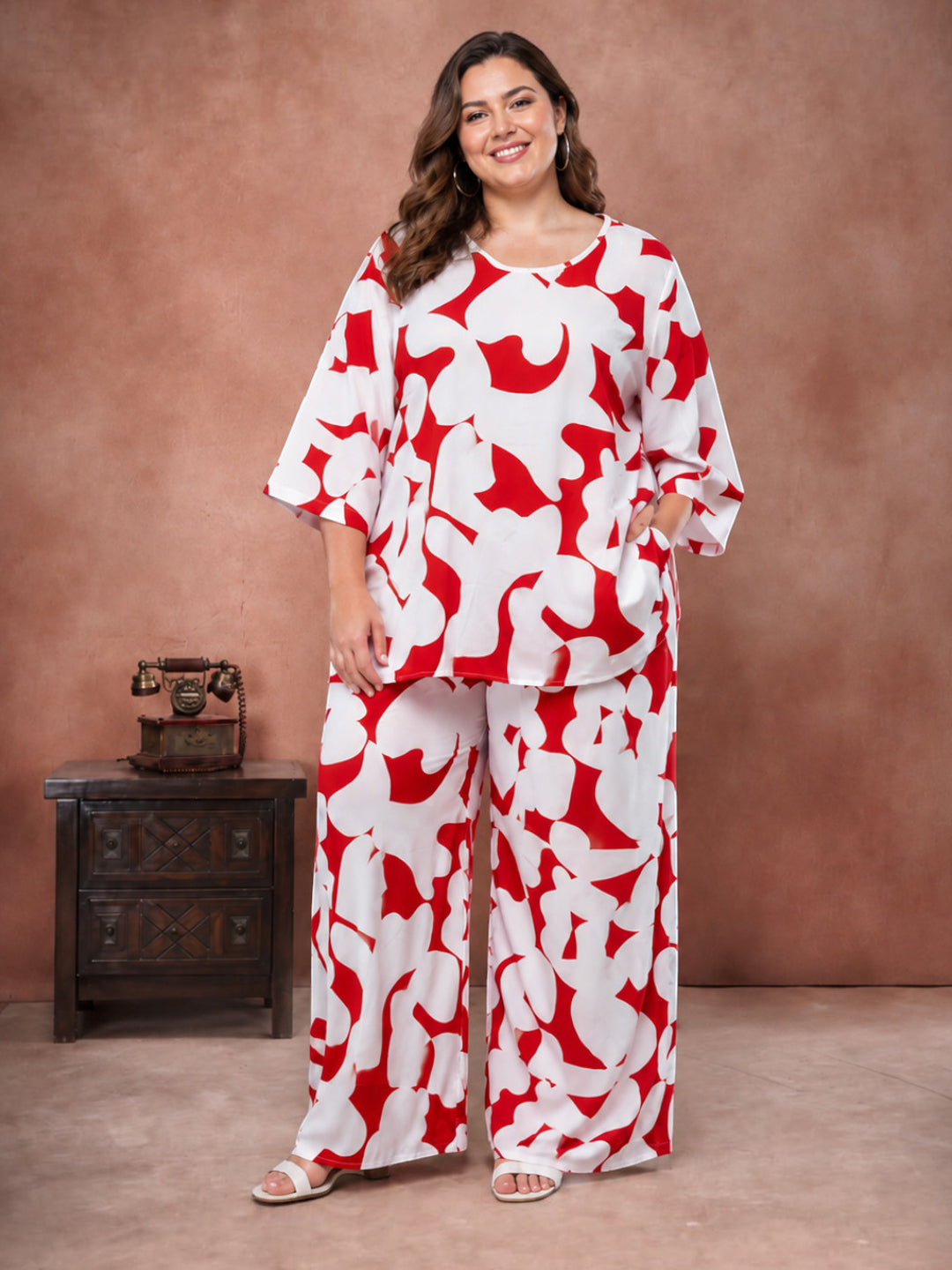 Women plus size red and white floral print 3/4 sleeve top and pant co-ord set - front view