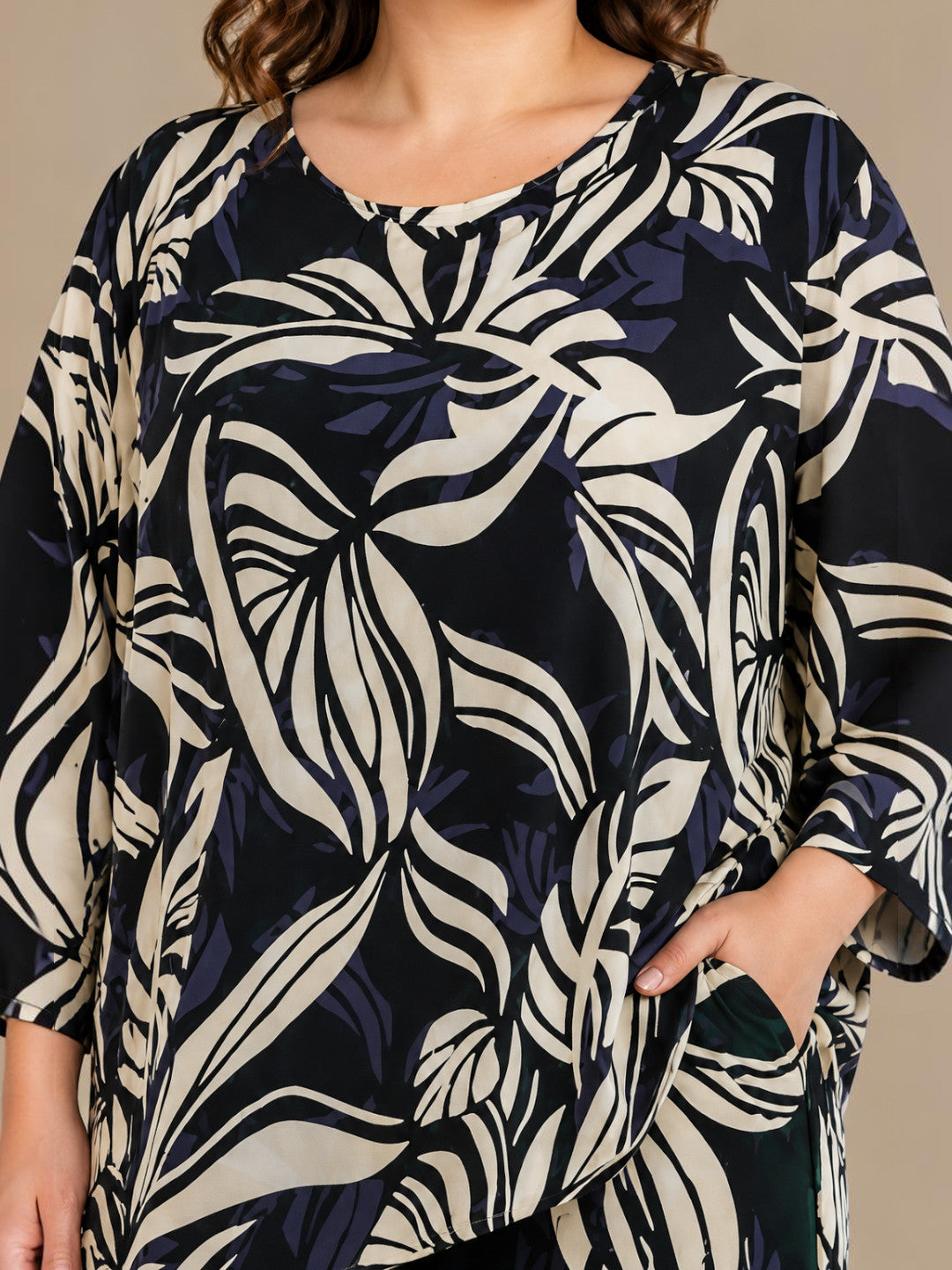 Plus size black floral top and pant set - back view
