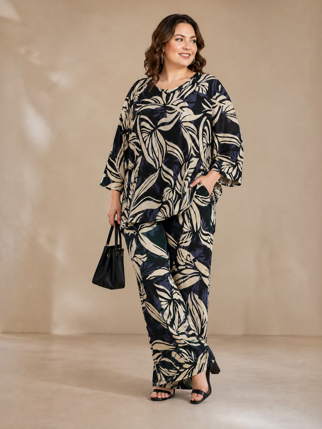 Close-up of black floral print viscose fabric
