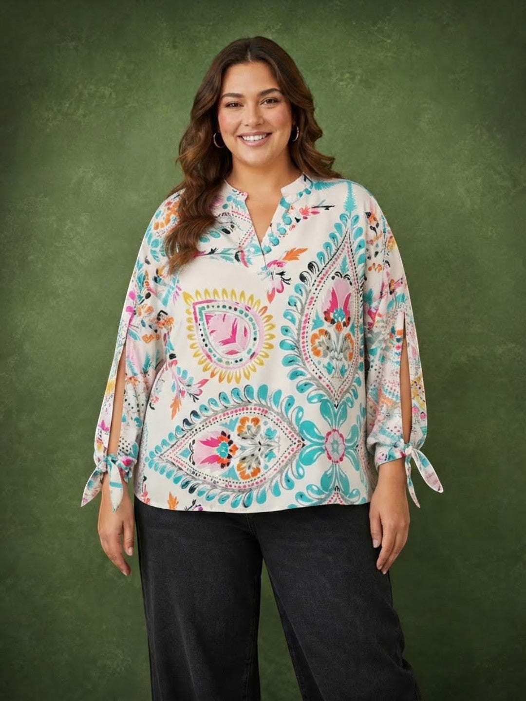 Women plus size multicolor floral print V-neck cut-out tie-up long sleeve top - front view