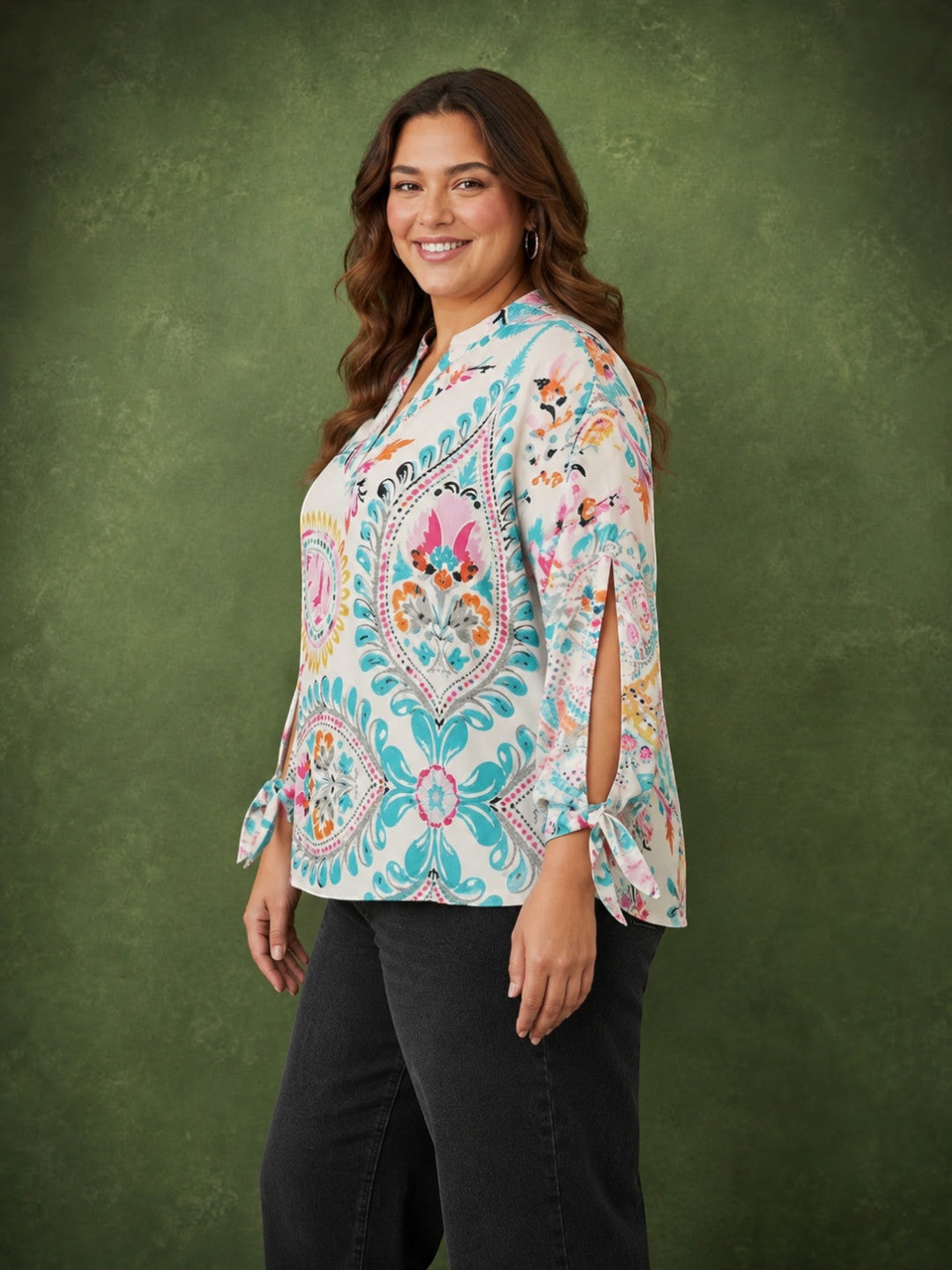 Plus size multicolor floral top with cut-out sleeves