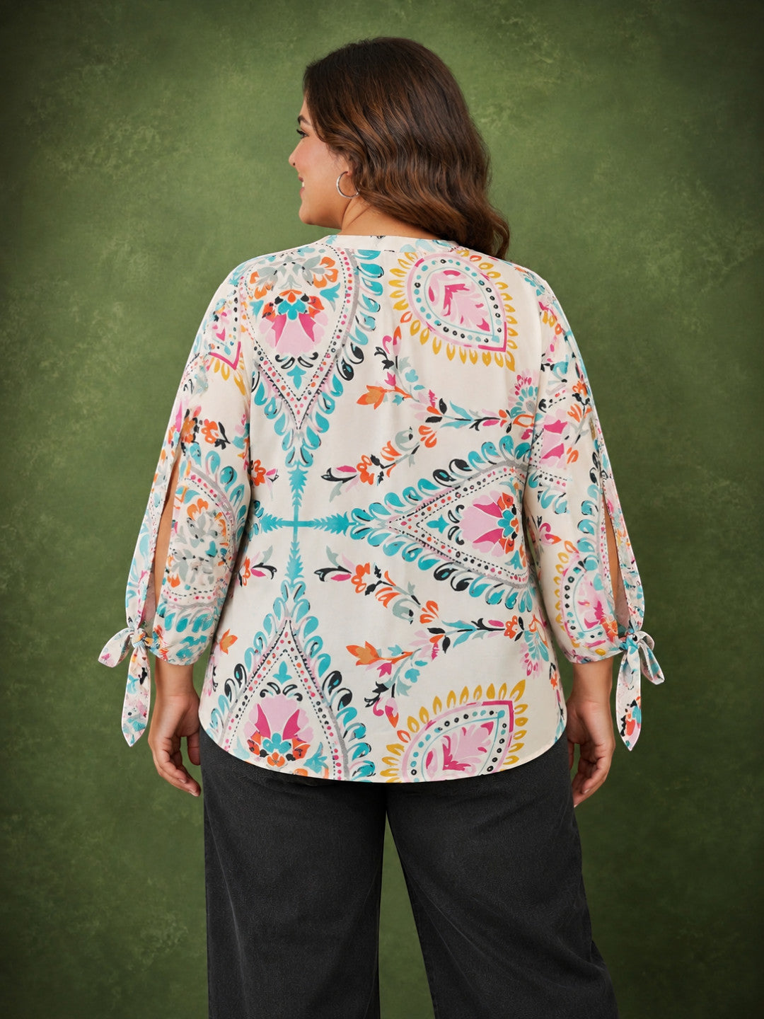 Plus size floral print long sleeve top - side view