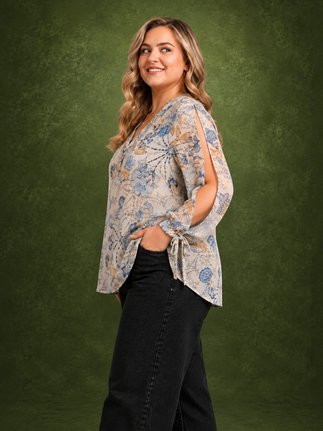Women Plus Size White Floral Print V-Neck Cut-Out Tie-Up Long Sleeve Top
