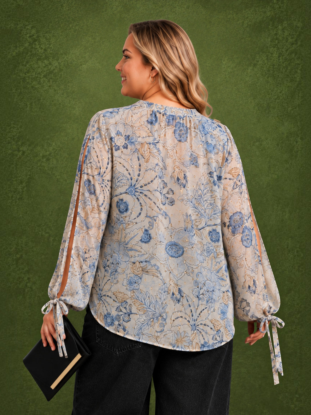 Women Plus Size White Floral Print V-Neck Cut-Out Tie-Up Long Sleeve Top