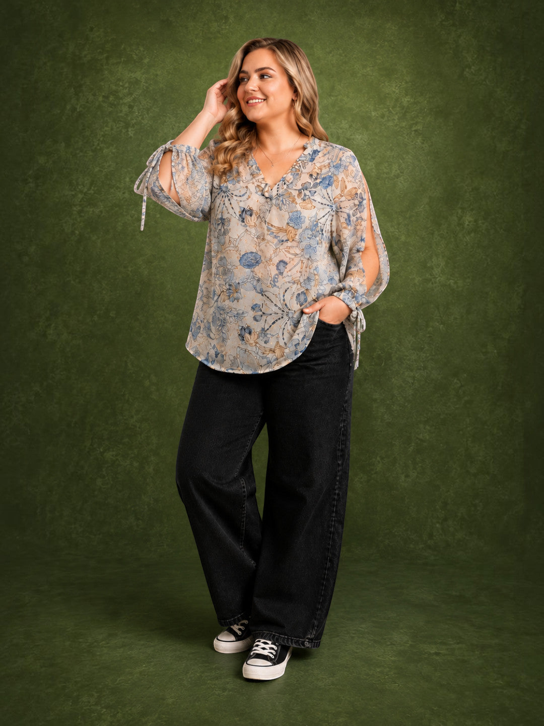 Women Plus Size White Floral Print V-Neck Cut-Out Tie-Up Long Sleeve Top
