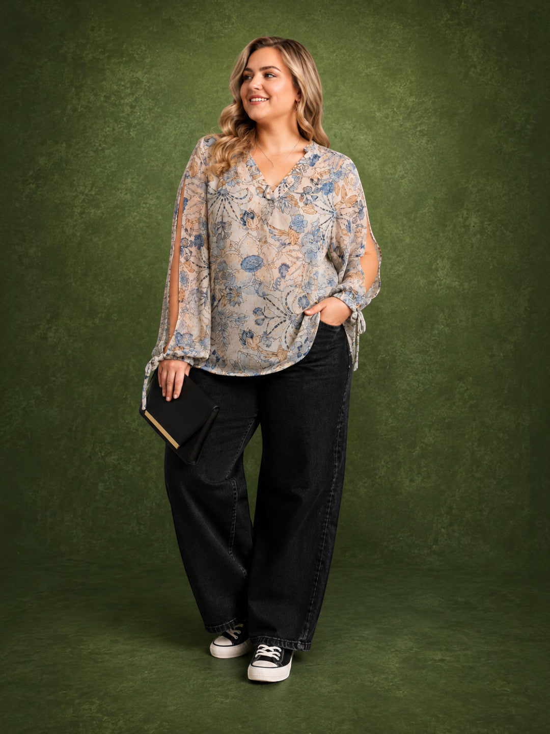 Women Plus Size White Floral Print V-Neck Cut-Out Tie-Up Long Sleeve Top