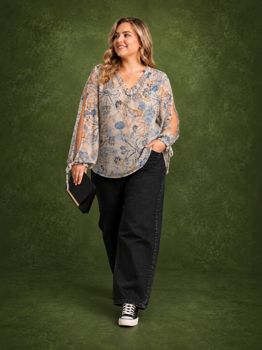 Women Plus Size White Floral Print V-Neck Cut-Out Tie-Up Long Sleeve Top